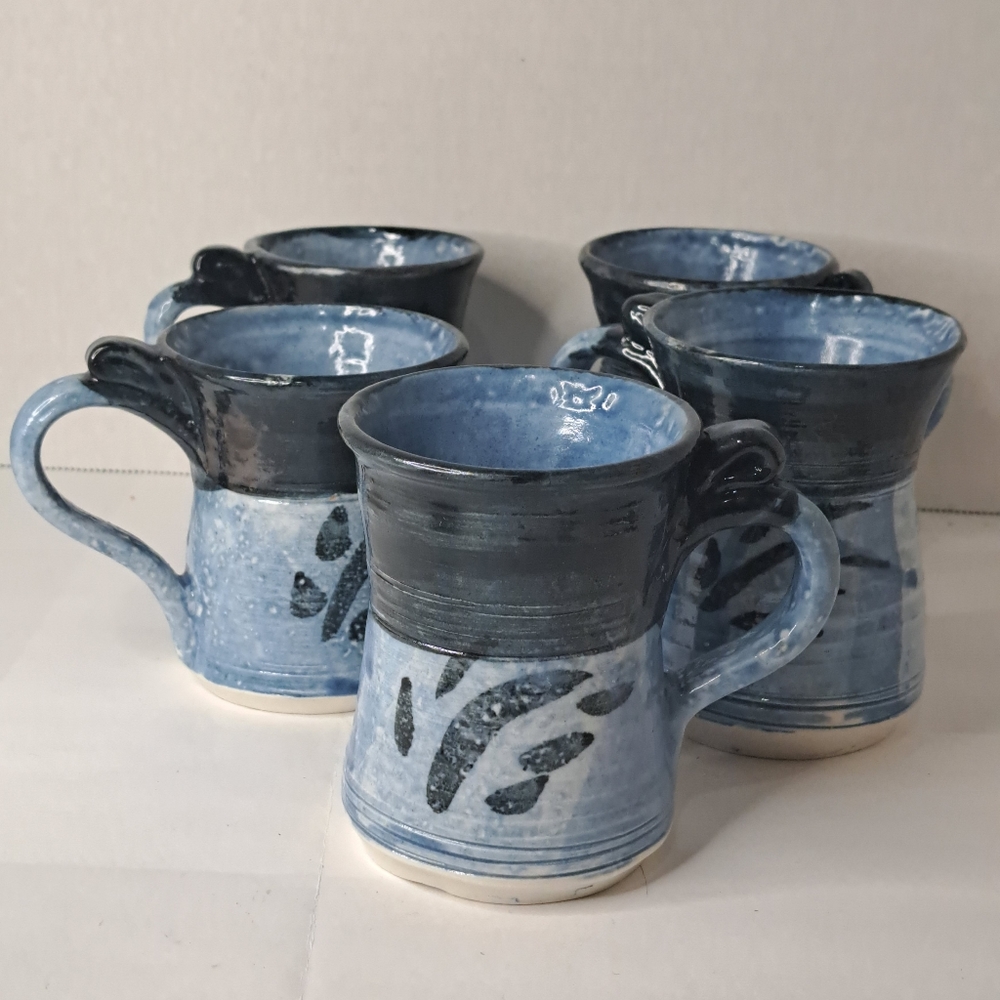 5 Handmade pottery mug, blue coffee mugs signed.